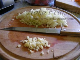 Garlic cloves and onion finely cut